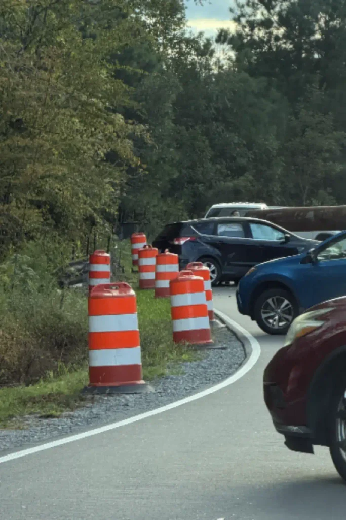 Orange and white construction barrels beside a curved road with cars at the scene where a dog went missing in Virginia Beach