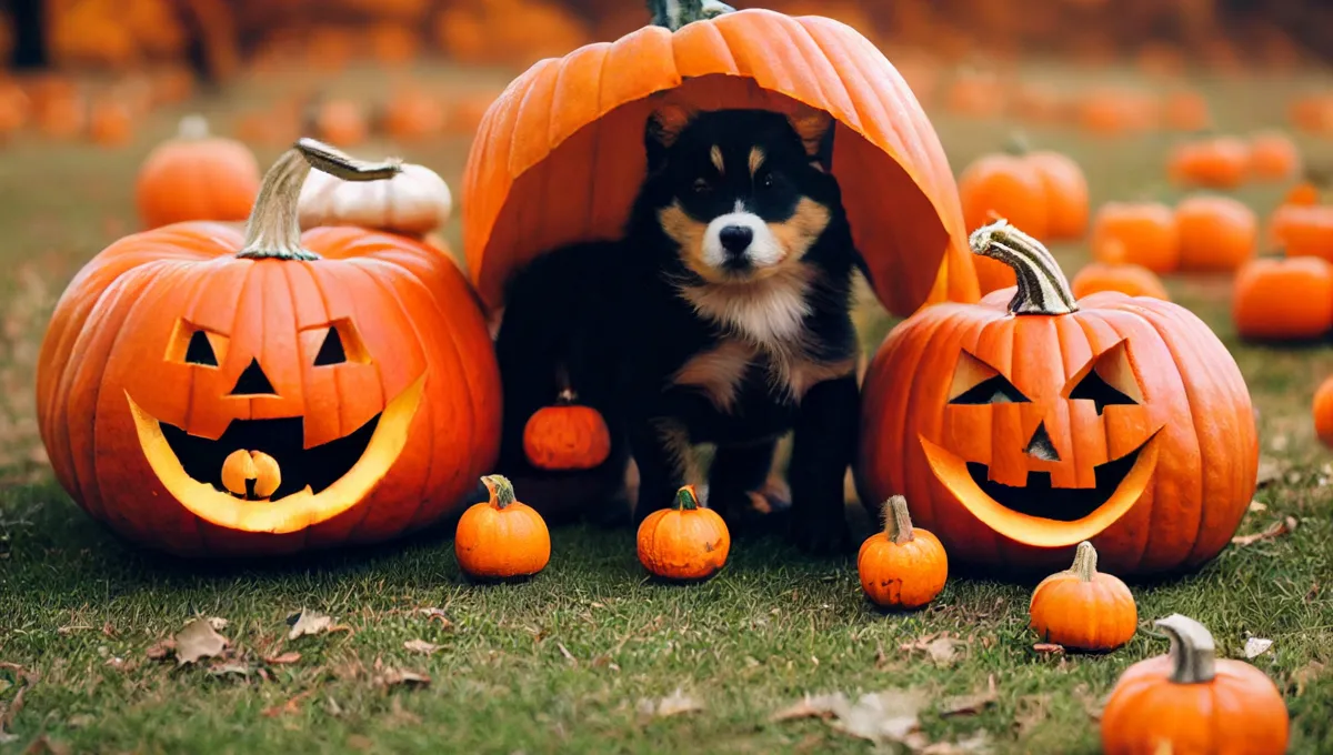 Puppy sitting inside a carved pumpkin, illustrating Halloween safety tips for dog owners