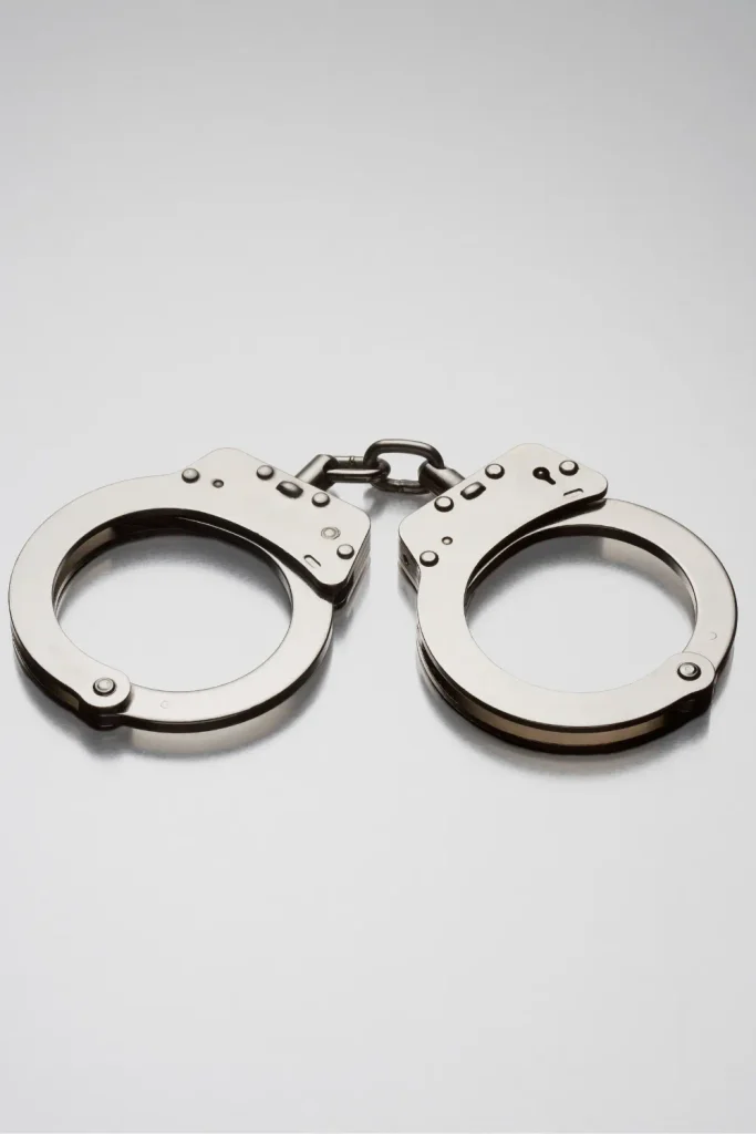 Pair of metal handcuffs on a plain background, representing an arrest