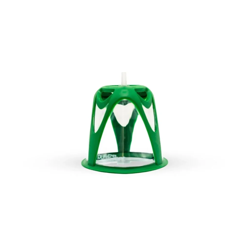 Green pet oxygen mask designed to deliver oxygen directly to a dog’s snout.