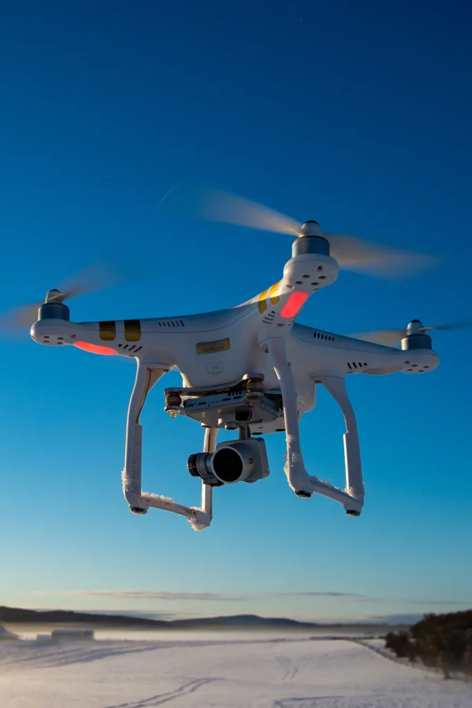 Drone with camera flying over a snowy landscape, similar to the one used to search for the missing dog