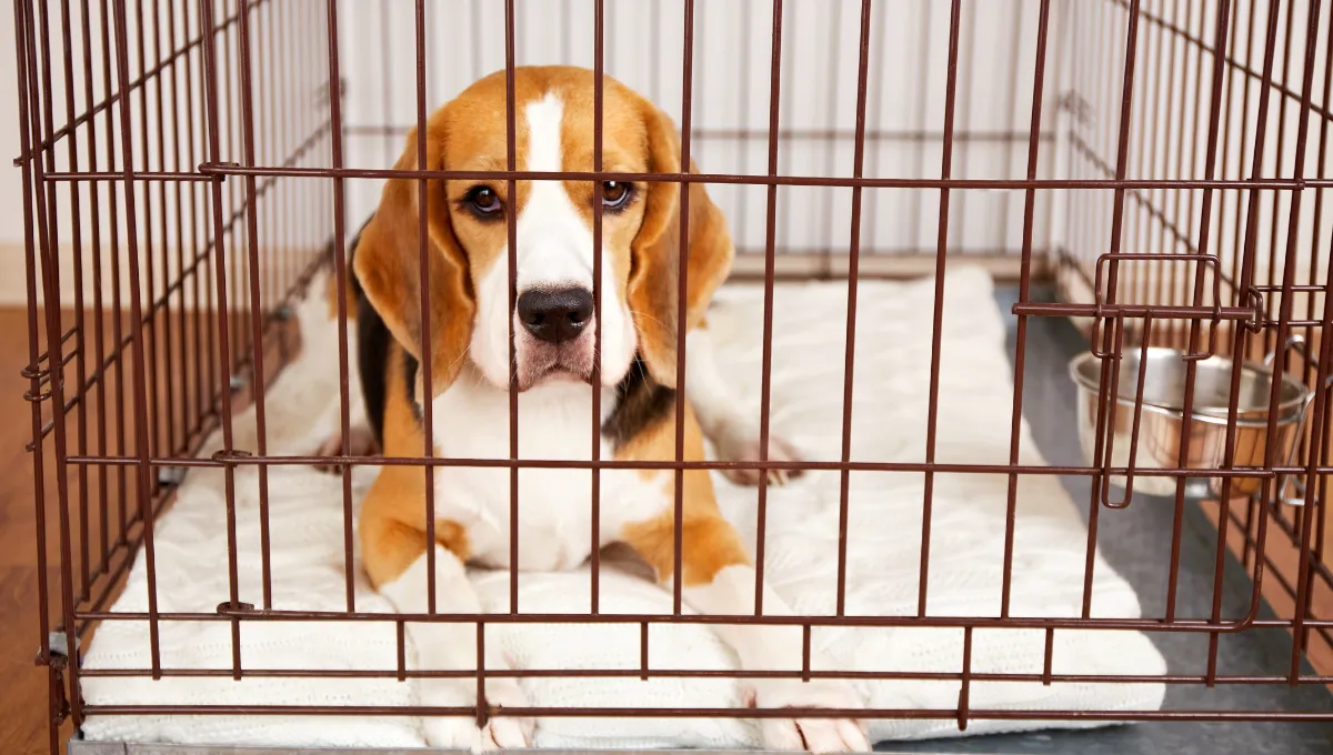 Beagle puppy sitting inside a wire cage, representing the abandoned puppy rescued by an Ohio state trooper near a busy highway