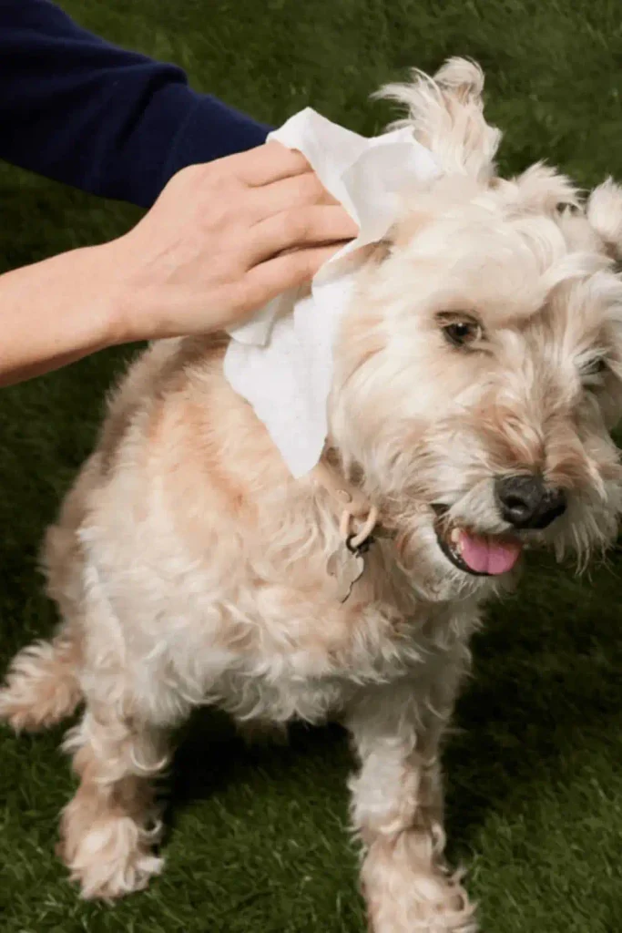 Person wiping a wheaten terrier's face with a wipe outdoors