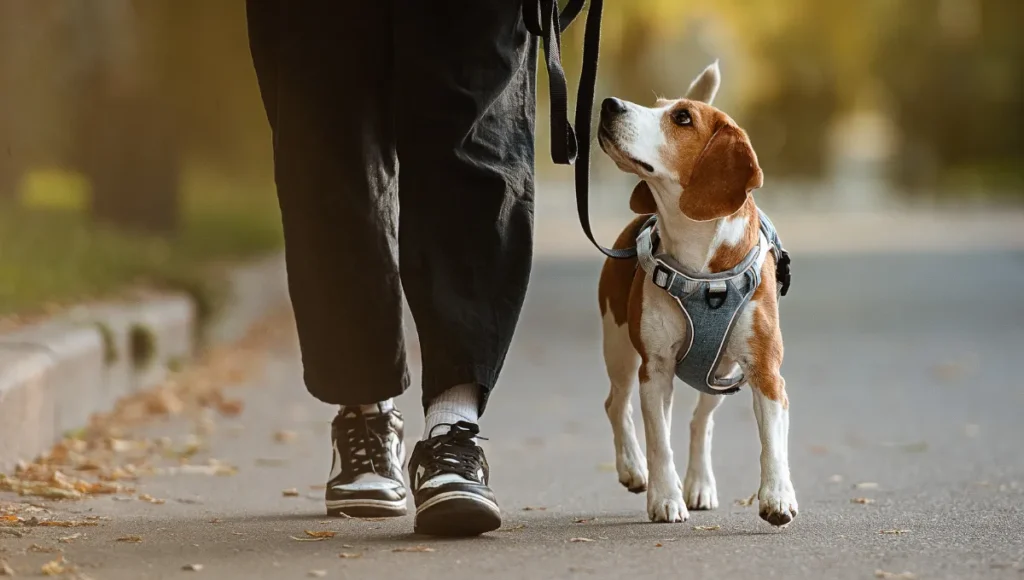 Person walking a beagle on a leash wearing a harness, dog looking up at owner