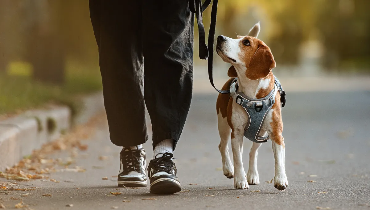 Person walking a beagle on a leash wearing a harness, dog looking up at owner