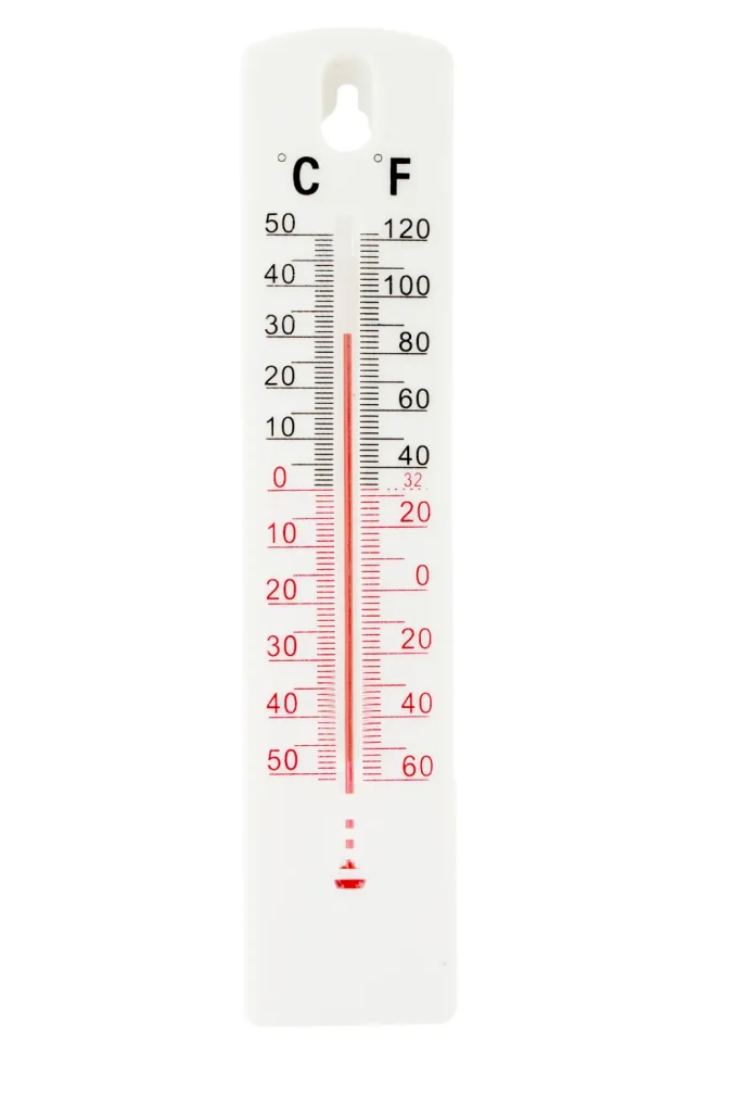 Wall thermometer showing temperature readings in both Celsius and Fahrenheit